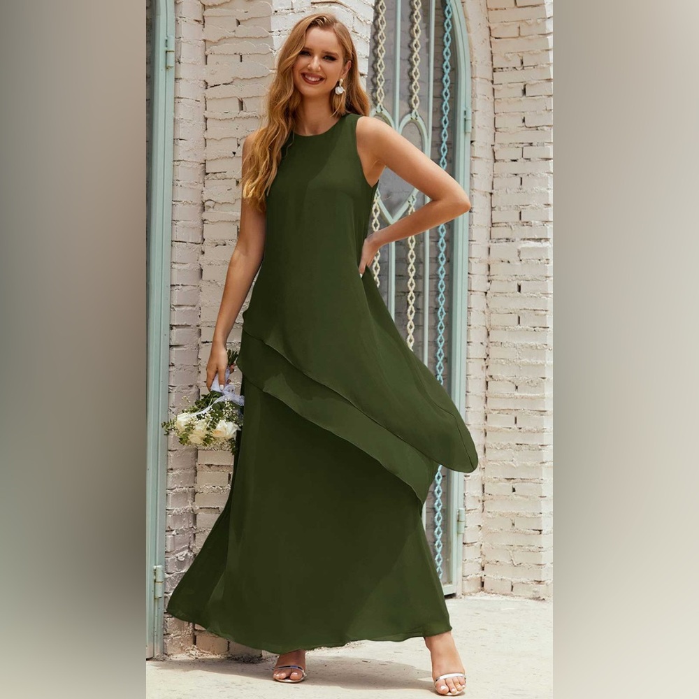 Olive Green Sleeveless Layered Dress